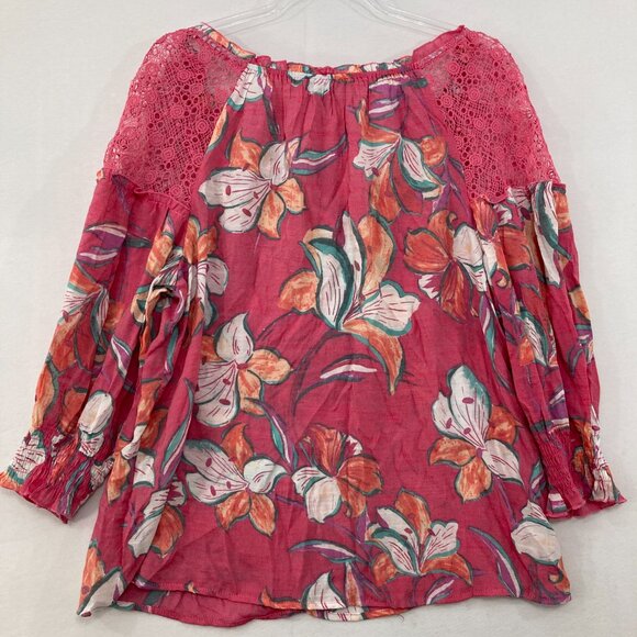 New Unique Spectrum Large Pink White Floral Lace Feminine Button Down Vacation - Picture 7 of 8